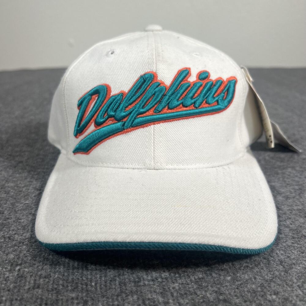 Miami Dolphins Men's Hat Cap Strap Back White Teal NFL Football Script Throwback